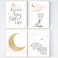 Nursery decor girl giraffe, pink and gold nursery, we love you to the moon and back, pink nursery art, cloud and stars, baby room decor