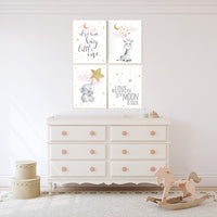 Pink and gold nursery, animal prints, elephant, giraffe, Nursery decor girl, we love you to the moon and back, moon, cloud and stars
