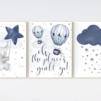 Nursery decor boy elephant, oh the places you'll go, navy nursery decor, cloud and stars, hot air balloon, navy blue nursery art. baby room