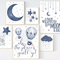 Nursery decor boy elephant, nursery wall art boy, navy Blue, cloud and stars, navy nursery, boy nursery decor, hot air balloon nursery art
