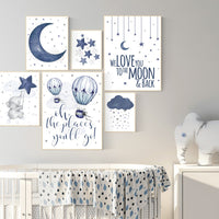 Nursery decor boy elephant, nursery wall art boy, navy Blue, cloud and stars, navy nursery, boy nursery decor, hot air balloon nursery art