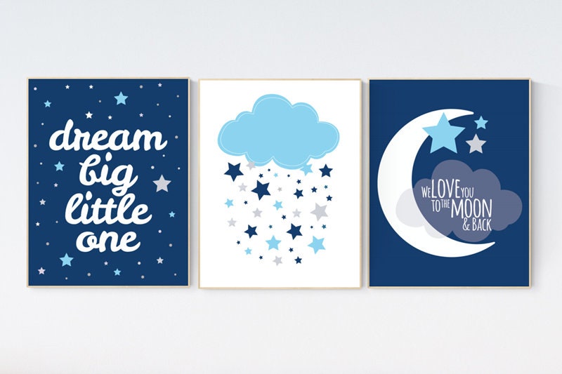 Navy nursery, dream big little one, nursery decor boy, navy blue nursery wall art, cloud and star nursery, boys room decor, dream big