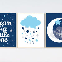 Navy nursery, dream big little one, nursery decor boy, navy blue nursery wall art, cloud and star nursery, boys room decor, dream big