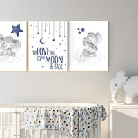 Nursery decor boy elephant, navy nursery decor, we love you to the moon and back, moon and stars, navy blue nursery art, elephant nursery