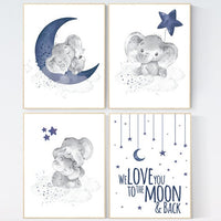 Nursery decor boy elephant, navy nursery decor, we love you to the moon and back, moon and stars, navy blue nursery art, elephant nursery