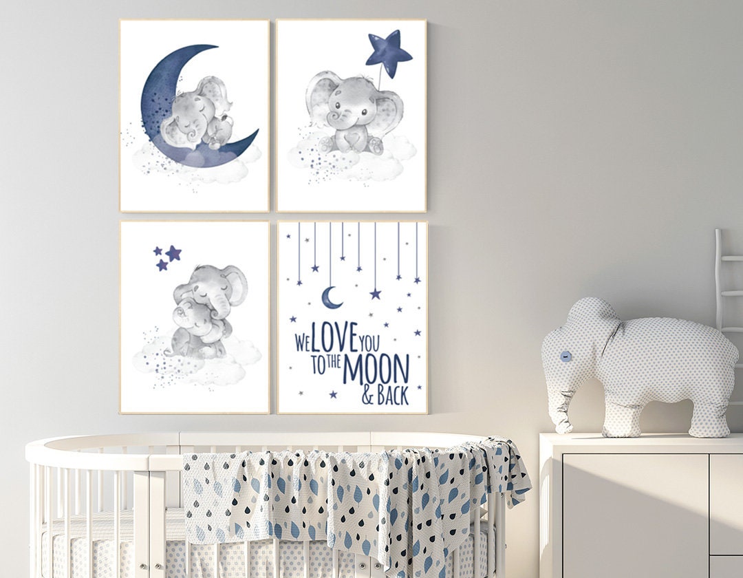 Nursery decor boy elephant, navy nursery decor, we love you to the moon and back, moon and stars, navy blue nursery art, elephant nursery
