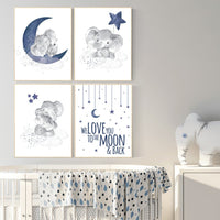 Nursery decor boy elephant, navy nursery decor, we love you to the moon and back, moon and stars, navy blue nursery art, elephant nursery
