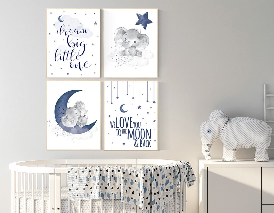 Nursery decor boy elephant, navy nursery decor, we love you to the moon and back, moon and stars, navy blue nursery art, elephant nursery