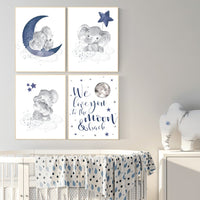 Nursery decor boy elephant, navy nursery decor, we love you to the moon and back, moon and stars, navy blue nursery art, elephant nursery