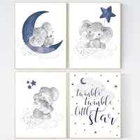 Nursery decor boy elephant, navy nursery decor, dream big little one, moon and stars, navy blue nursery art, elephant nursery, boy nursery