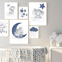 Nursery decor boy elephant, nursery wall art boy, navy Blue, moon and stars, navy nursery, boy nursery decor, elephant nursery art, star