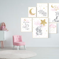 Nursery wall art girl, giraffe nursery, baby room decor girl gold and pink, we love you to the moon and back, moon and stars, elephant