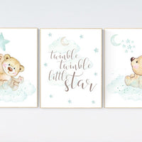 Mint nursery decor, nursery decor bear, teddy bear, gender neutral nursery, moon and stars, twinkle twinkle little star, baby room wall art