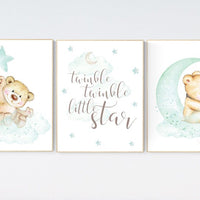 Mint nursery decor, nursery decor bear, teddy bear, gender neutral nursery, moon and stars, twinkle twinkle little star, baby room wall art