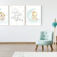 Mint nursery decor, nursery decor bear, teddy bear, gender neutral nursery, moon and stars, twinkle twinkle little star, baby room wall art