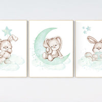 Nursery decor bunny, mint nursery, rabbit nursery decor, mint green nursery, Bunny print nursery, gender neutral nursery, woodland animals