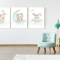 Nursery decor bunny, mint nursery, rabbit nursery decor, mint green nursery, Bunny print nursery, gender neutral nursery, woodland animals