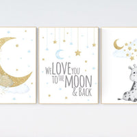 Nursery decor boy giraffe, blue and gold nursery, we love you to the moon and back, blue nursery wall art, cloud and stars, baby room decor