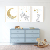 Nursery decor boy giraffe, blue and gold nursery, we love you to the moon and back, blue nursery wall art, cloud and stars, baby room decor