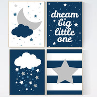 Navy blue wall art set, dream big little one, navy blue nursery prints, navy gray, nursery decor boy, nursery decor elephant, elephant