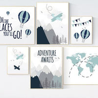 Nursery decor boy mountains adventure, mountain nursery art, adventure awaits. mountain, hot air balloon, planes, world map, gender neutral