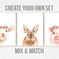 Nursery decor animals,  farm animals, nursery prints woodland, animal flower crown, nursery prints animals, animal prints, nursery wall art