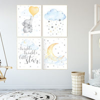 Nursery wall art elephant, nursery decor neutral, twinkle twinkle little star, nursery gender neutral, cloud and stars, baby room decor