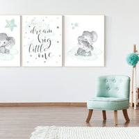 Elephant nursery art, elephant nursery print, mint nursery decor, cloud and stars nursery, baby room , gender neutral, aqua, moon and stars