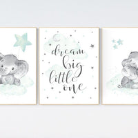 Elephant nursery art, elephant nursery print, mint nursery decor, cloud and stars nursery, baby room , gender neutral, aqua, moon and stars