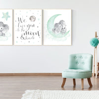 Elephant nursery art, elephant nursery print, mint nursery decor, we love you to the moon and back, gender neutral, aqua, moon and stars