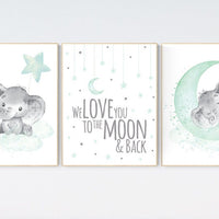 We love you to the moon and back, Elephant nursery art, elephant nursery print, mint nursery decor, gender neutral, aqua, moon and stars