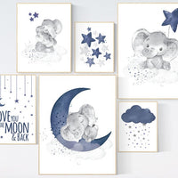 Nursery decor boy elephant, navy blue nursery wall art, cloud, stars, navy nursery, boy nursery wall art, we love you to the moon and back