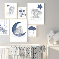 Nursery decor boy elephant, navy blue nursery wall art, cloud, stars, navy nursery, boy nursery wall art, we love you to the moon and back