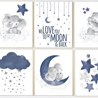 Nursery decor boy elephant, nursery wall art boy, moon and stars, navy blue, elephant nursery art, we love you to the moon and back, navy