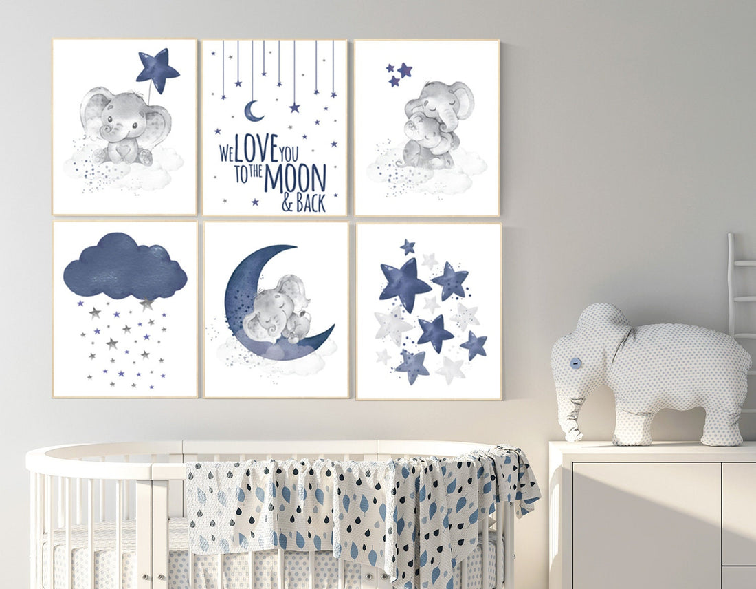 Nursery decor boy elephant, nursery wall art boy, moon and stars, navy blue, elephant nursery art, we love you to the moon and back, navy