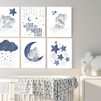 Nursery decor boy elephant, nursery wall art boy, moon and stars, navy blue, elephant nursery art, we love you to the moon and back, navy