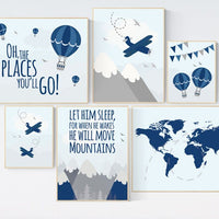 Nursery decor boy adventure, let him sleep for when he wakes he will move mountains, nursery decor boy airplane, world map nursery, navy