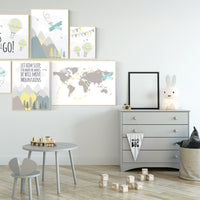 Nursery decor boy mountains adventure, let him sleep for when he wakes he will move mountains, nursery decor boy airplane, world map nursery