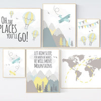Nursery decor boy mountains adventure, let him sleep for when he wakes he will move mountains, nursery decor boy airplane, world map nursery