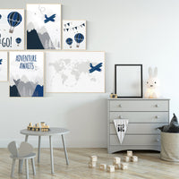 Nursery decor boy mountain, adventure nursery, adventure awaits, hot air balloon, world map, navy gray, grey, airplane, boys nursery ideas