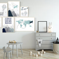 Nursery decor boy mountain, adventure nursery, navy nursery, airplane, world map, hot air balloon, Let him sleep, boy nursery ideas,