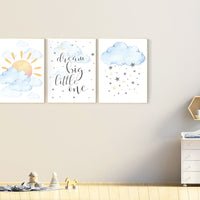 Nursery decor clouds, sunshine nursery, gender neutral nursery wall art, dream big little one, sun, cloud, baby room decor, blue yellow
