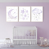 Nursery decor girl purple, nursery decor girl lavender and gray, lilac nursery, purple nursery, cloud, moon and stars, baby room wall, set