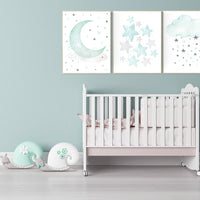Mint nursery decor, mint green nursery decor, mint green nursery, moon and stars nursery, gender neutral, baby room wall art, star nursery
