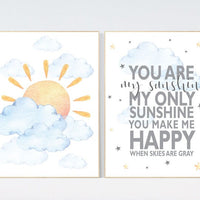 You are my sunshine, sunshine nursery, gender neutral nursery wall art, sun, cloud, baby room decor, blue yellow, nursery decor neutral