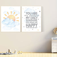 You are my sunshine, sunshine nursery, gender neutral nursery wall art, sun, cloud, baby room decor, blue yellow, nursery decor neutral