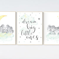 Elephant nursery art, twin nursery decor, elephant nursery print, twin nursery art, moon and stars, mint yellow nursery, twins baby gifts