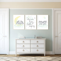 Elephant nursery art, twin nursery decor, elephant nursery print, twin nursery art, moon and stars, mint yellow nursery, twins baby gifts