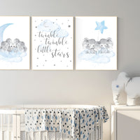 Elephant nursery art, twin nursery, elephant nursery print, blue and gray nursery, cloud and stars nursery, baby room decor boy