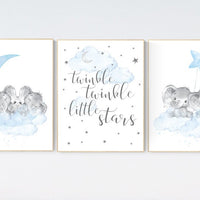 Elephant nursery art, twin nursery, elephant nursery print, blue and gray nursery, cloud and stars nursery, baby room decor boy